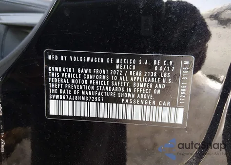 2017 Volkswagen Jetta 1.4T Se z USA, uszkodzony, nr VIN 3VWB67AJ8HM372957